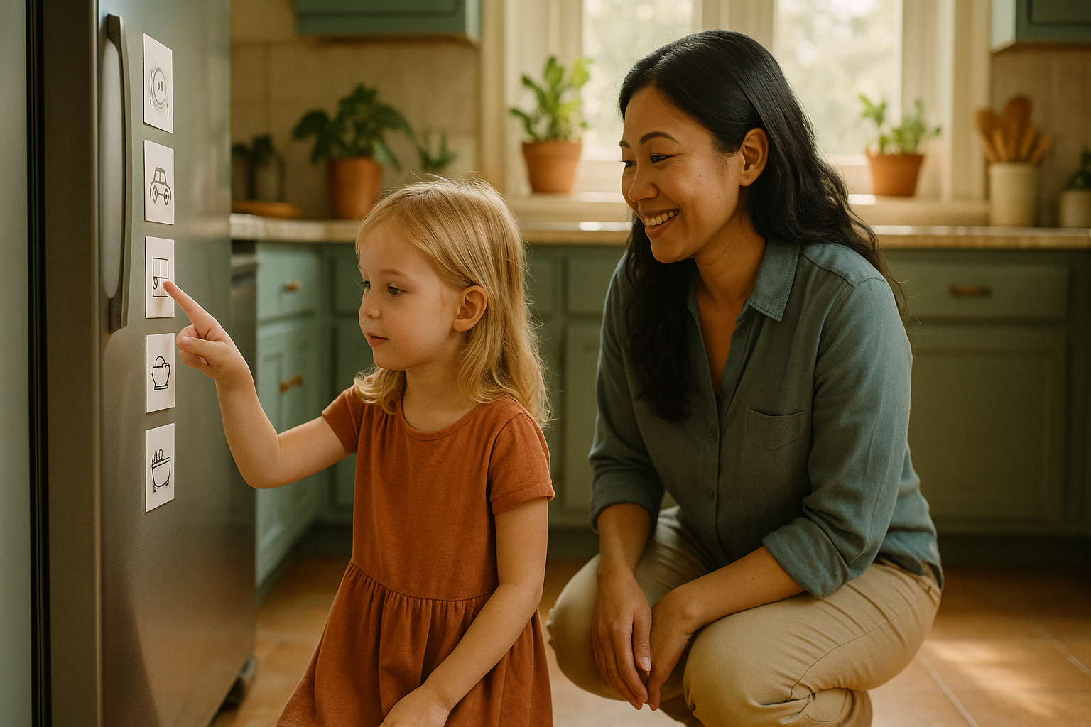 A child happily transitioning from playtime to reading time at home.