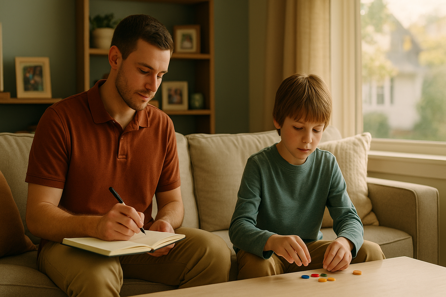 A warm family scene with a child engaged in therapy activities at home.