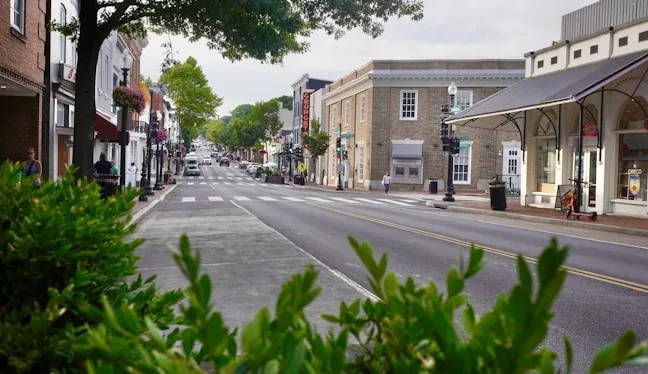 Historic brick storefronts on a small-city street